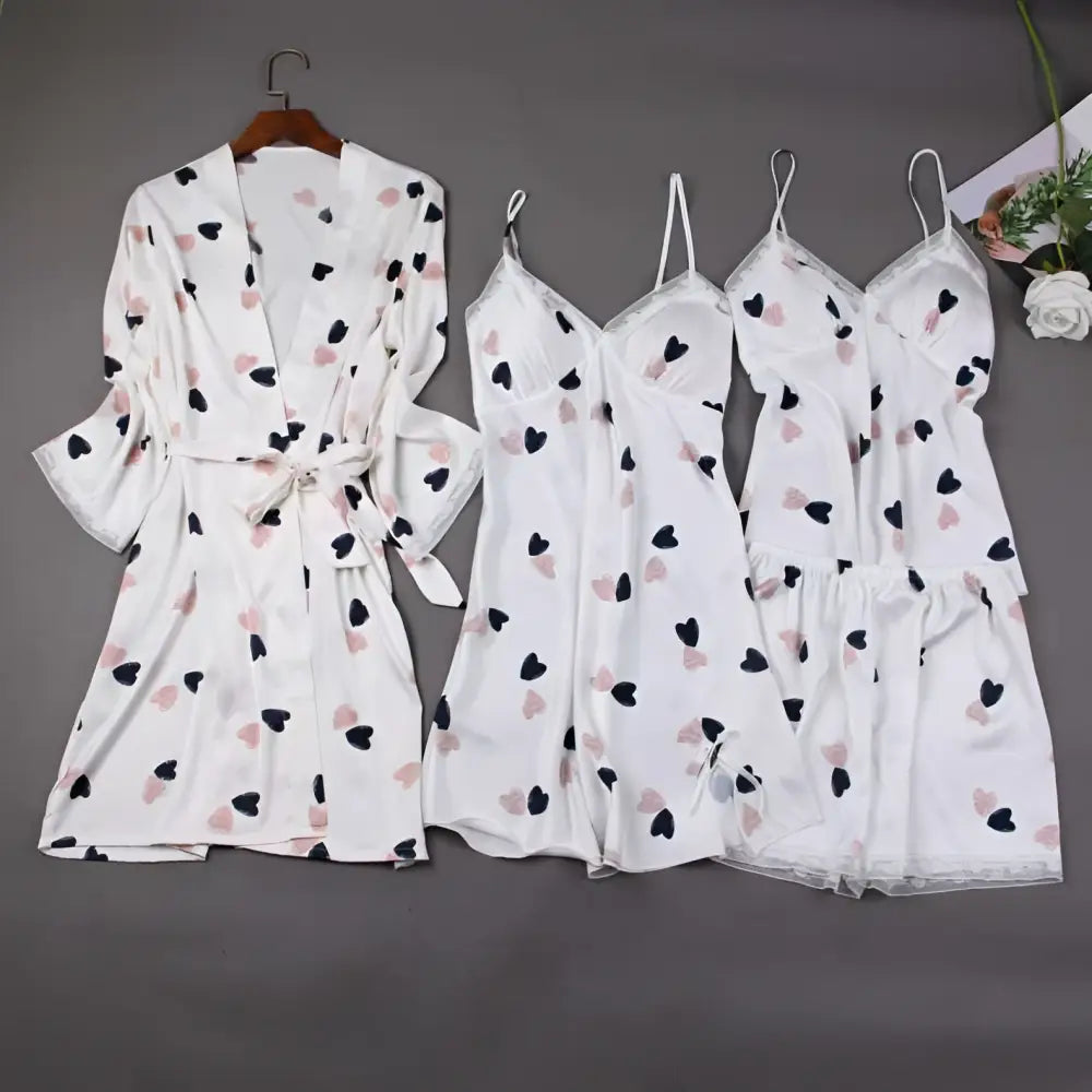 White satin women’s silk slip nightdress with black and pink heart printed pyjama nightdress and lace trim robe