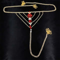 Gold-toned rhinestone panty body jewelry with central floral design in red and clear crystals and matching garter belt