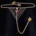 Gold-toned rhinestone panty body jewelry with pink heart pendant red clear crystals and ornate butterfly clasps garter belt