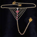 Gold-toned rhinestone panty body jewelry with pink heart pendant red clear crystals and ornate butterfly clasps garter belt