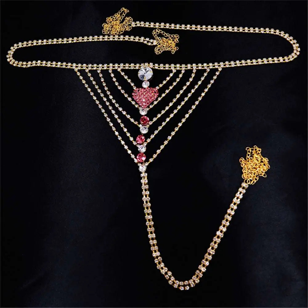 Gold-toned rhinestone panty body jewelry with pink heart pendant red clear crystals and ornate butterfly clasps garter belt