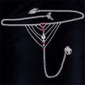 A sparkling silver rhinestone panty body jewelry with a central pink heart and matching garter belt adornment