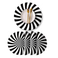 Heat resistant round leather placemats set of 4 with black and white spiral ceramic dinner plates and central white circle