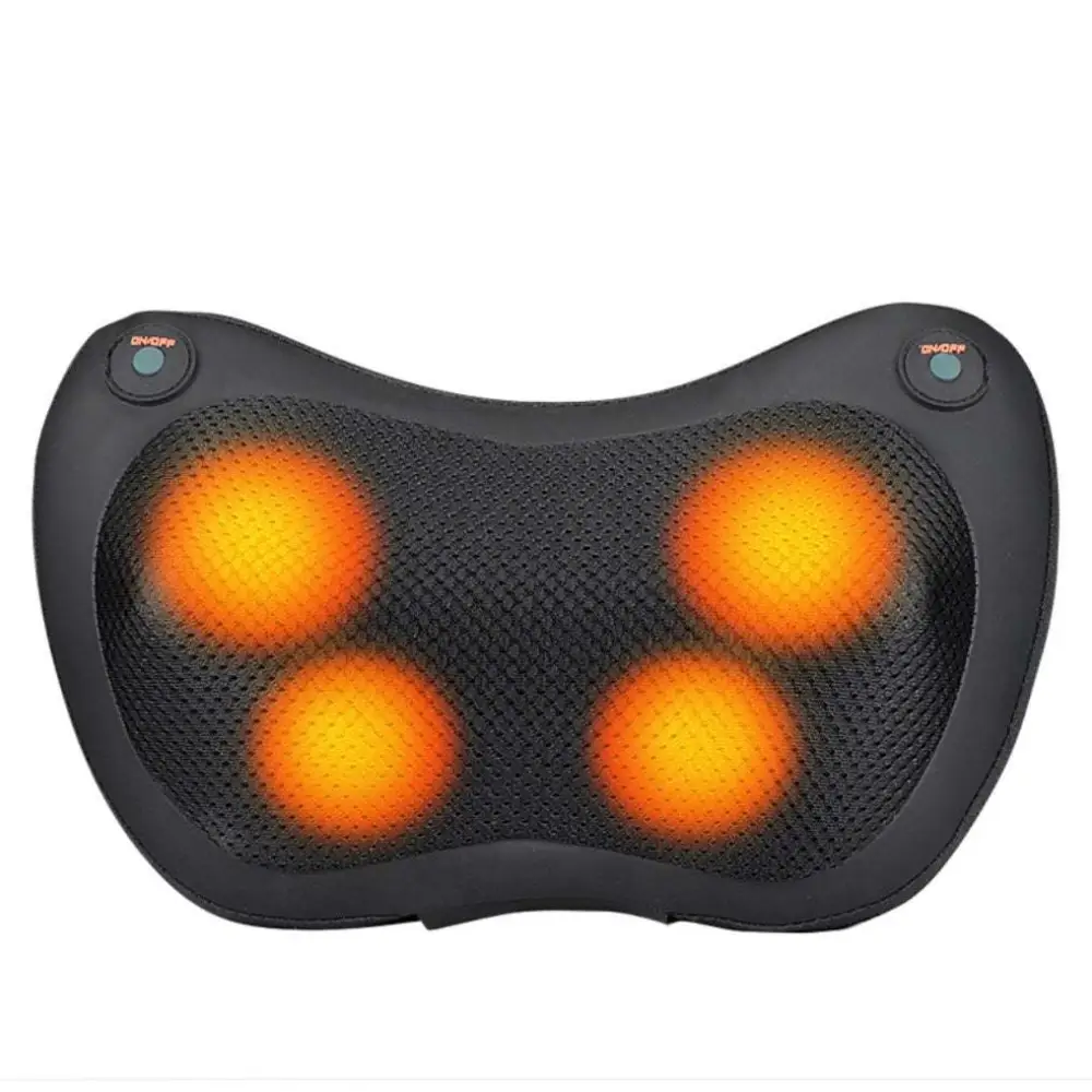 Black mesh-backed heated cervical vertebra massager cushion with four orange heating pads and circular control buttons