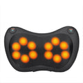 Black mesh-backed heated cervical vertebra massager cushion with ten glowing orange heating pads and dual control buttons