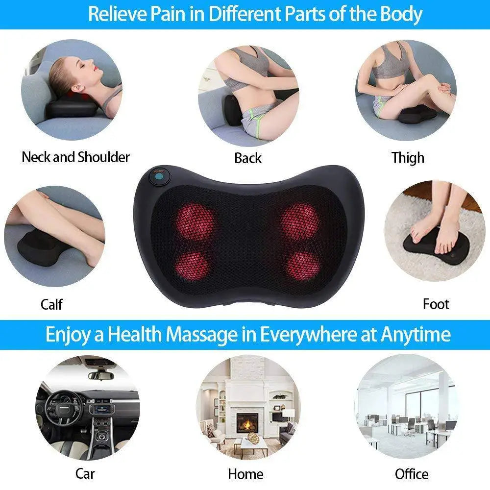 Black silicone heated cervical vertebra massager cushion with four red heating pads and a control button