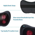 Black pu leather heated cervical vertebra massager cushion with red mesh panels and elastic straps for neck support