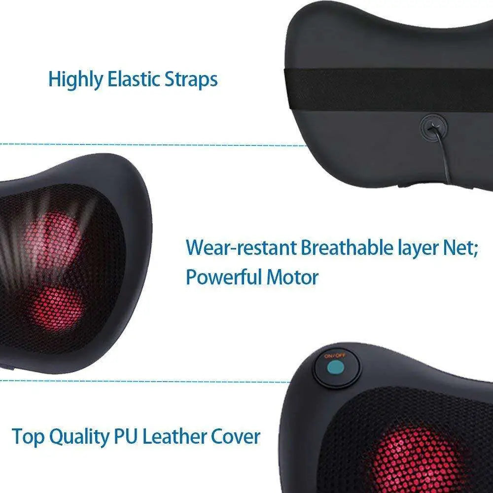 Black pu leather heated cervical vertebra massager cushion with red mesh panels and elastic straps for neck support