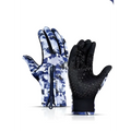 Heated winter gloves with blue white camouflage pattern, black textured palms, wrist zipper, and flame design for screen riding