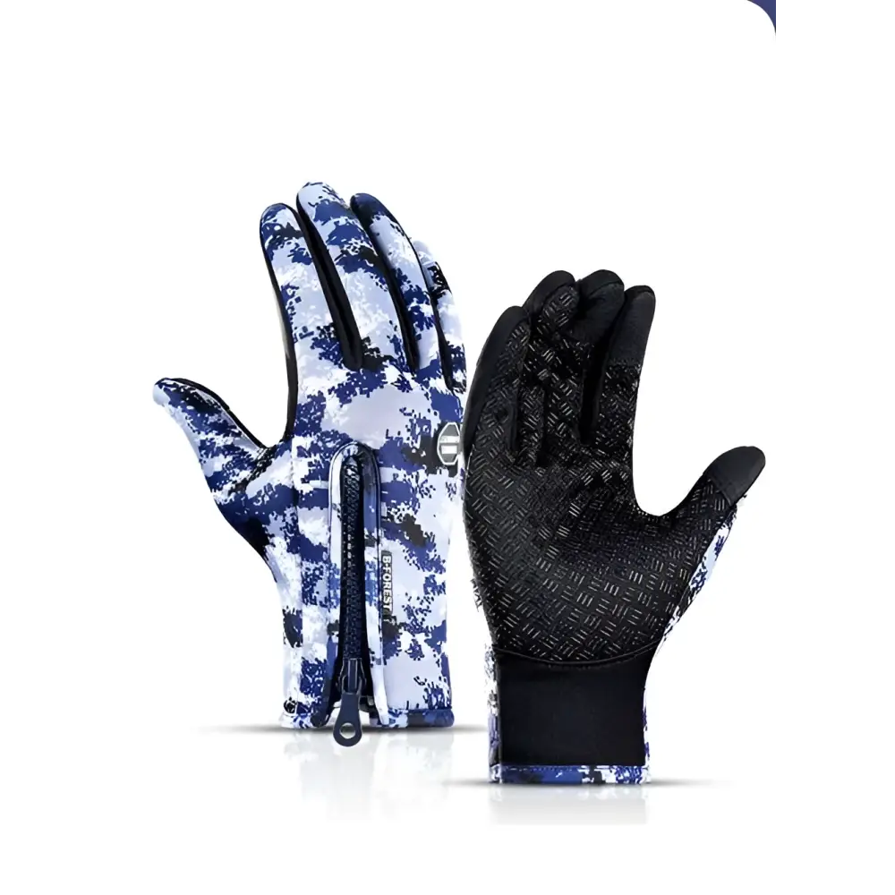 Heated winter gloves with blue white camouflage pattern, black textured palms, wrist zipper, and flame design for screen riding