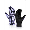 Heated winter gloves with flame design showing the back side in purple and black camouflage with a zipper, touchscreen riding gloves
