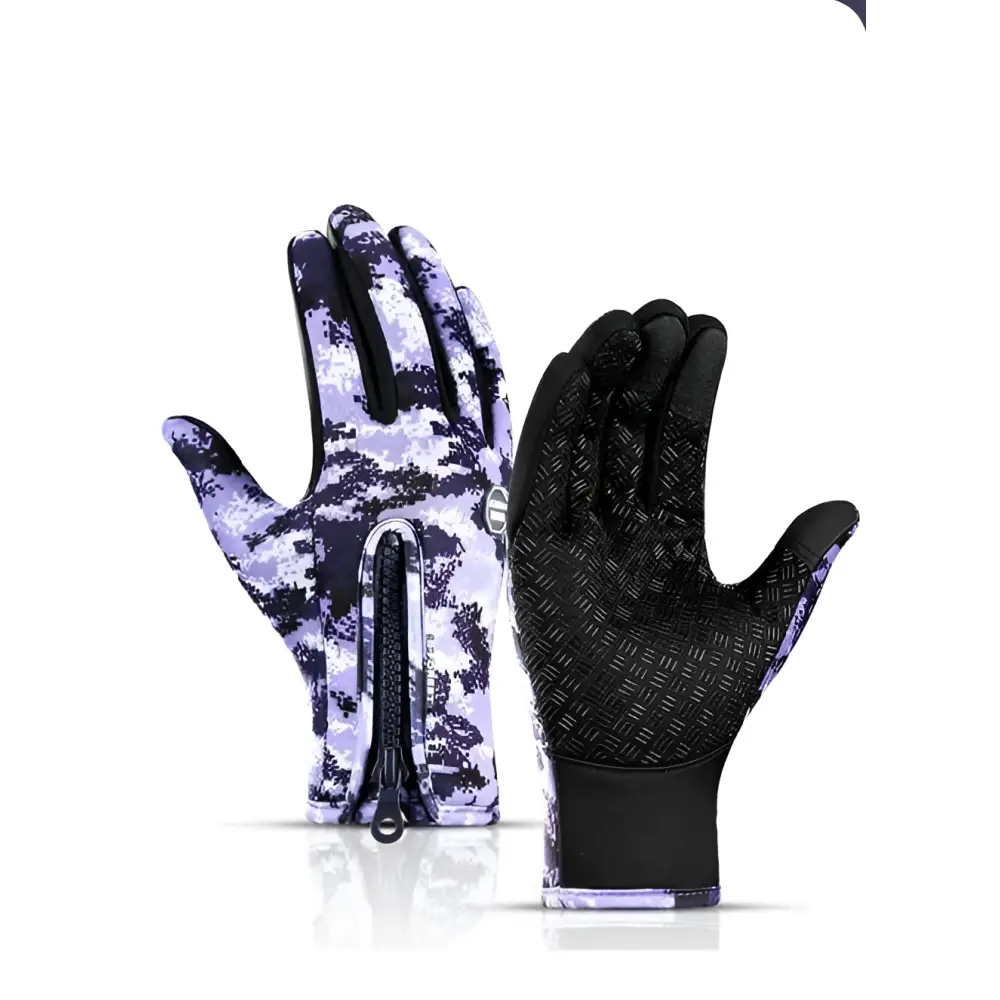 Heated winter gloves with flame design showing the back side in purple and black camouflage with a zipper, touchscreen riding gloves