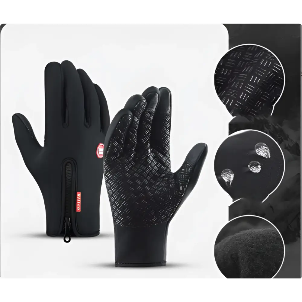 Black heated winter gloves with flame design featuring touchscreen compatibility textured grip and zippered wrist closure