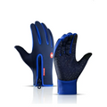Blue and black heated winter gloves with flame design, waterproof textured grip, zipper wrist closure, and touch screen riding use