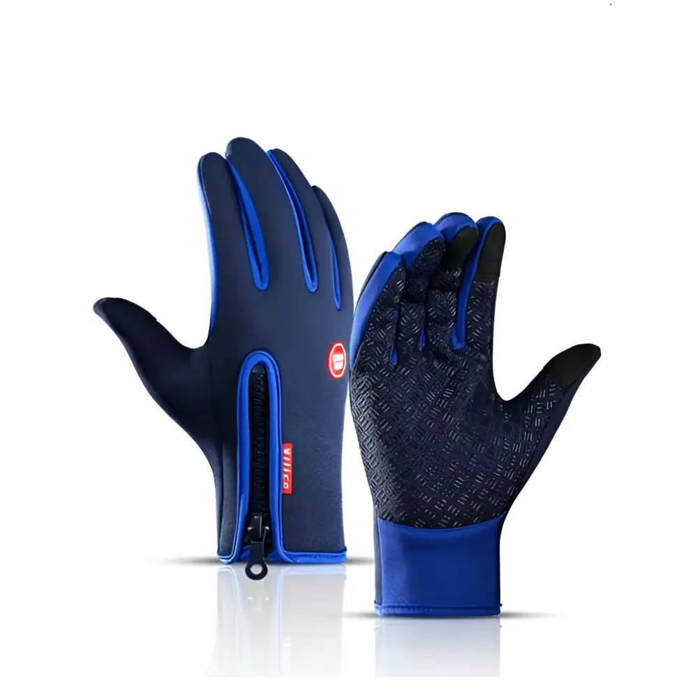 Blue and black heated winter gloves with flame design, waterproof textured grip, zipper wrist closure, and touch screen riding use