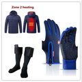 Blue heated winter gloves with flame design show the back with zipper and textured grip for screen riding use