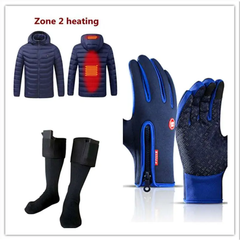 Blue heated winter gloves with flame design show the back with zipper and textured grip for screen riding use