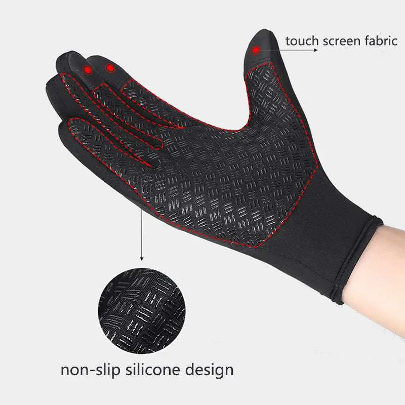 Black heated winter gloves with touchscreen capability red stitching and non slip silicone palm for screen riding use
