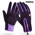 Back view of purple and black heated winter gloves with flame design, touchscreen compatibility, textured grip, and zippered pocket