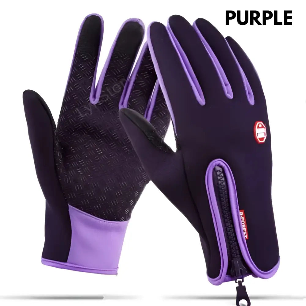 Back view of purple and black heated winter gloves with flame design, touchscreen compatibility, textured grip, and zippered pocket