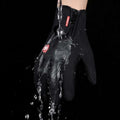 Black waterproof heated winter gloves with flame design and red logo zipper closure suitable for screen riding