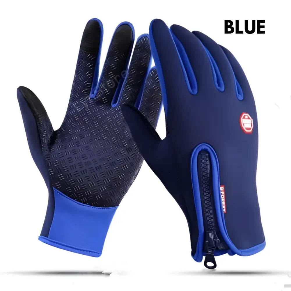 Black bforest heated winter gloves with flame design on palm and zipper closure for touchscreen riding use