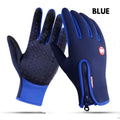 Blue heated winter gloves with flame design feature waterproof material, black textured grip, and wrist zipper pocket for riding