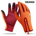 Back side of orange heated winter gloves with flame design featuring red textured palm, black fingertips, and zippered pocket