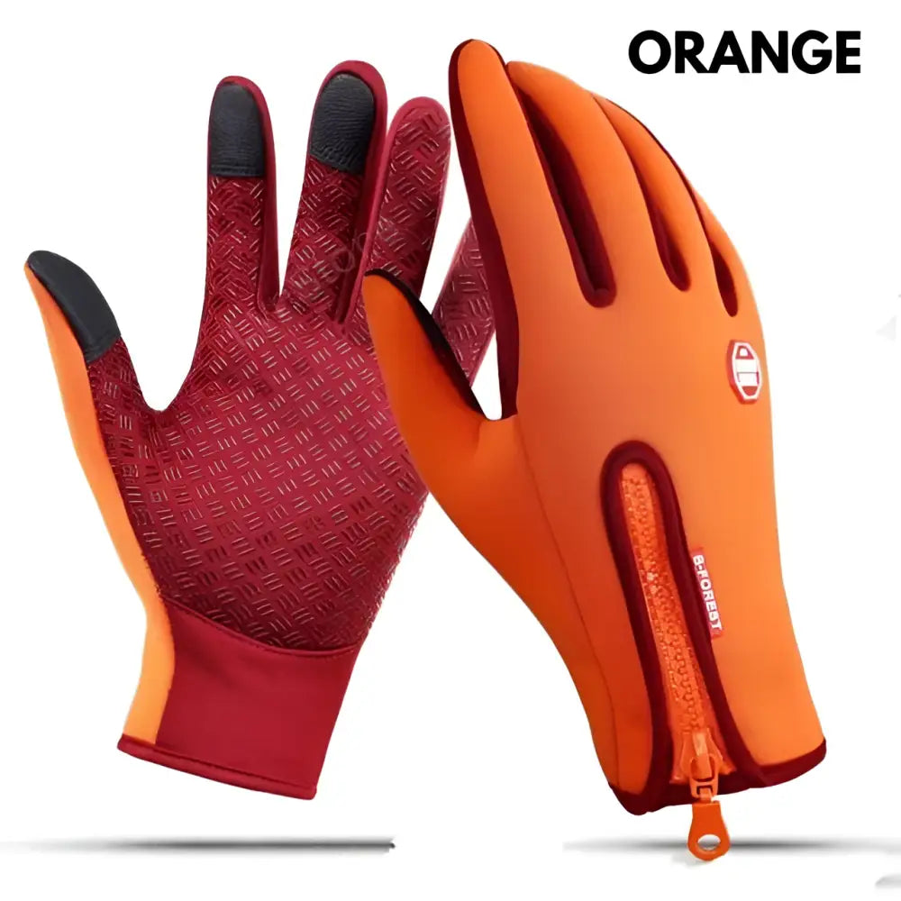 Back side of orange heated winter gloves with flame design featuring red textured palm, black fingertips, and zippered pocket