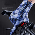 Blue and black digital camouflage heated winter gloves with flame design and zipper on back for screen riding use