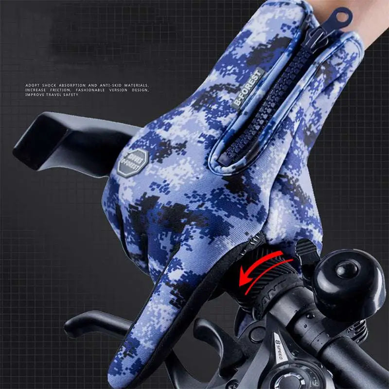 Blue and black digital camouflage heated winter gloves with flame design and zipper on back for screen riding use