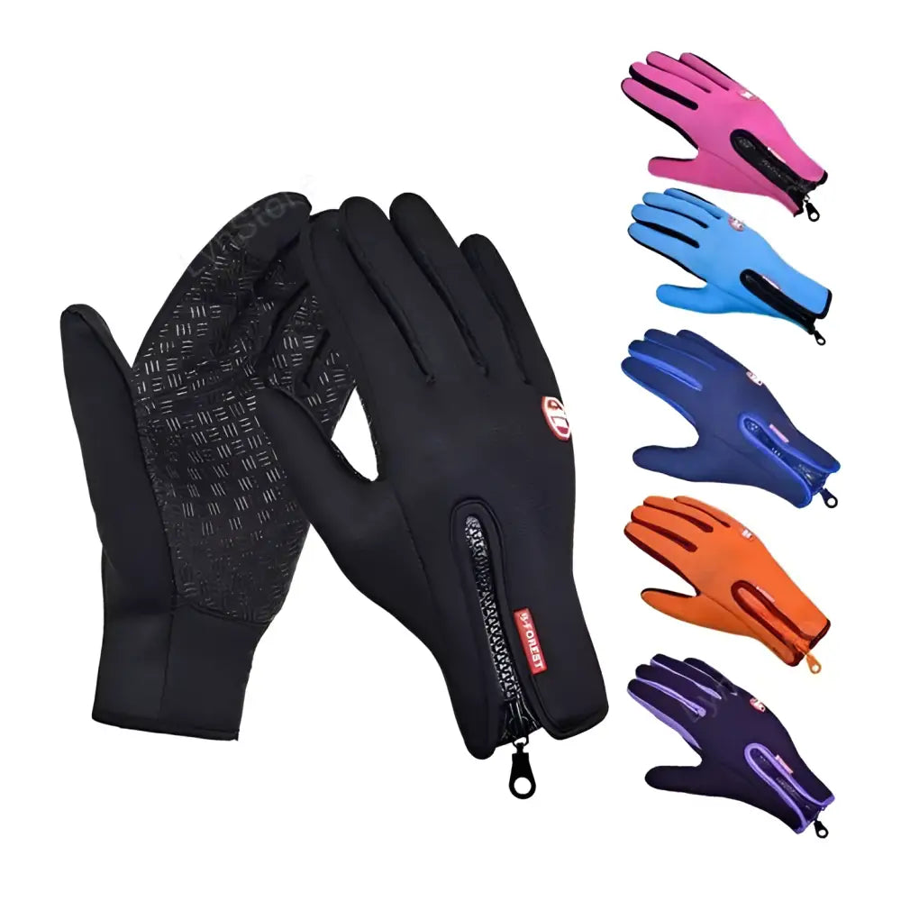Black heated winter gloves with flame design showing the back side with waterproof material textured grip and zipper pocket