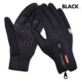 Black heated winter gloves with flame design, touchscreen compatibility, textured grip, and zippered wrist pocket for riding