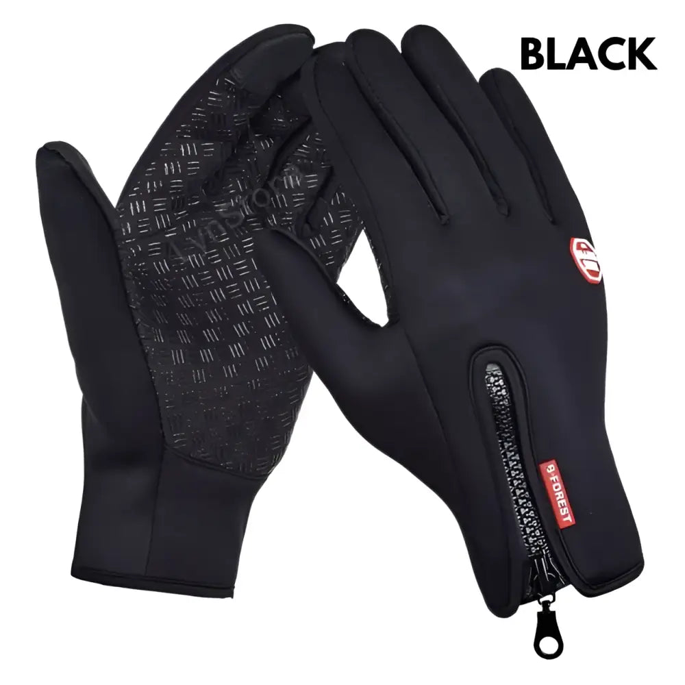 Black heated winter gloves with flame design, touchscreen compatibility, textured grip, and zippered wrist pocket for riding