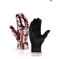 Heated winter gloves with flame design in pink and black digital camouflage featuring touchscreen and zipper closure