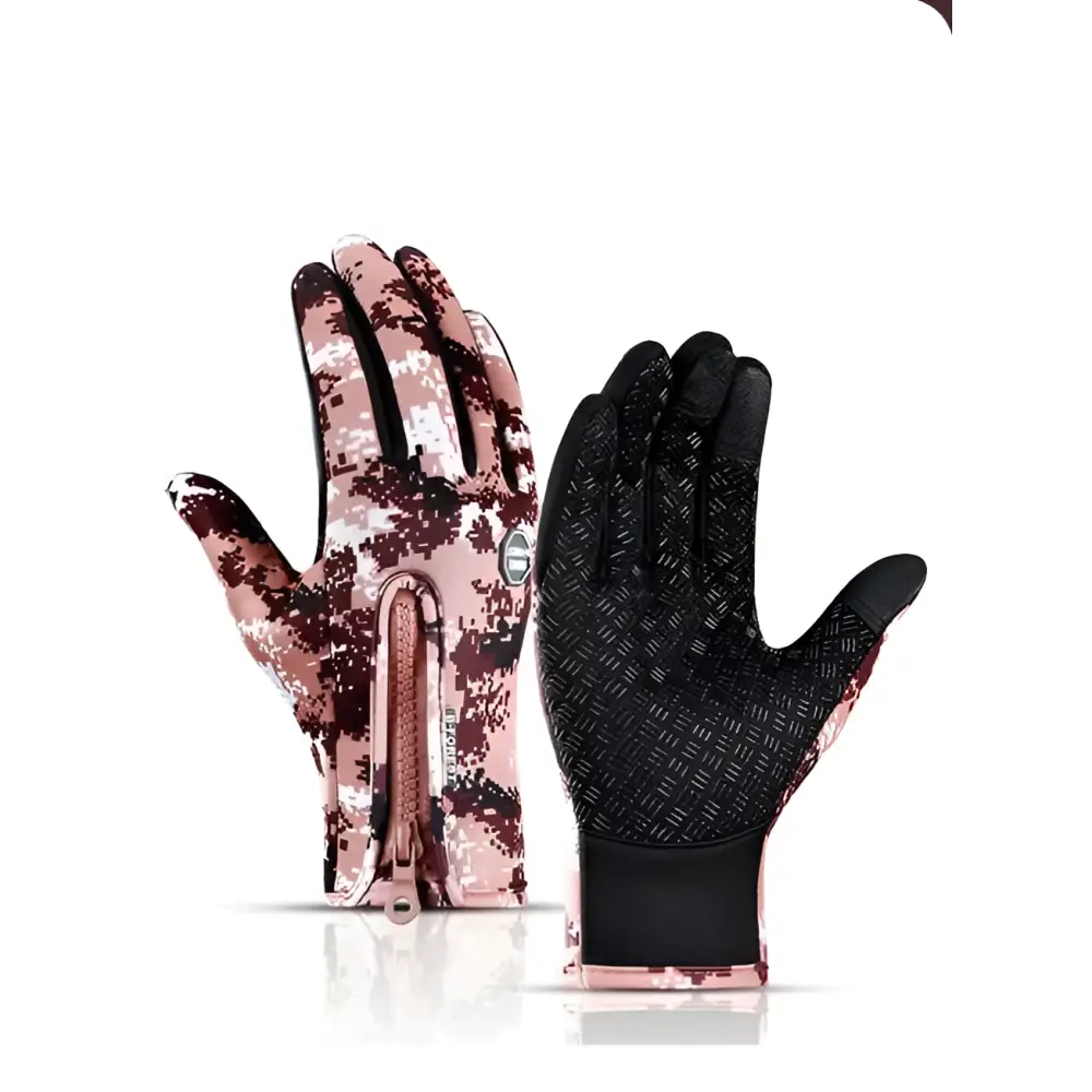 Heated winter gloves with flame design in pink and black digital camouflage featuring touchscreen and zipper closure