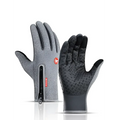 Heated winter gloves with flame design feature gray touchscreen fabric, black fingertips, textured grip, and zippered wrist pocket