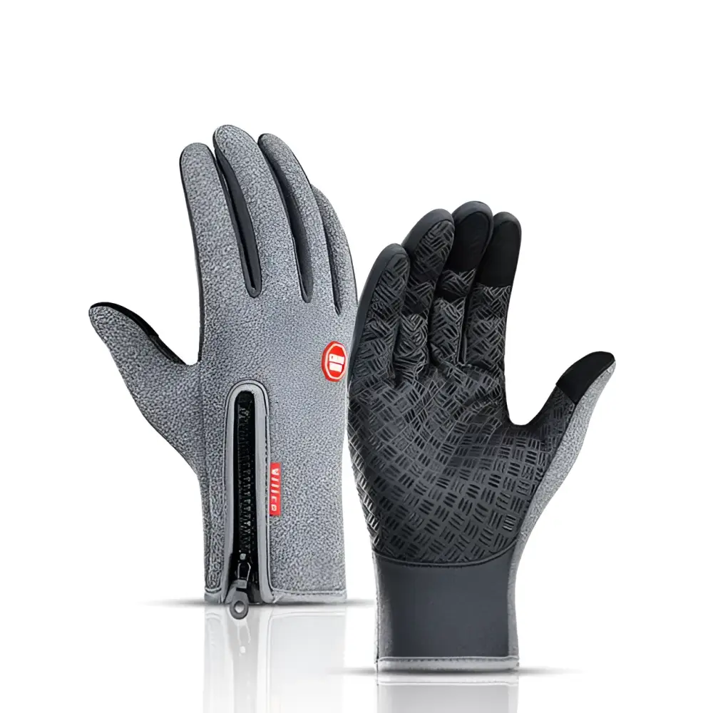 Heated winter gloves with flame design feature gray touchscreen fabric, black fingertips, textured grip, and zippered wrist pocket
