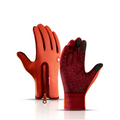 Heated winter gloves with flame design in orange and red featuring black touchscreen fingertips and zipper closure on back side