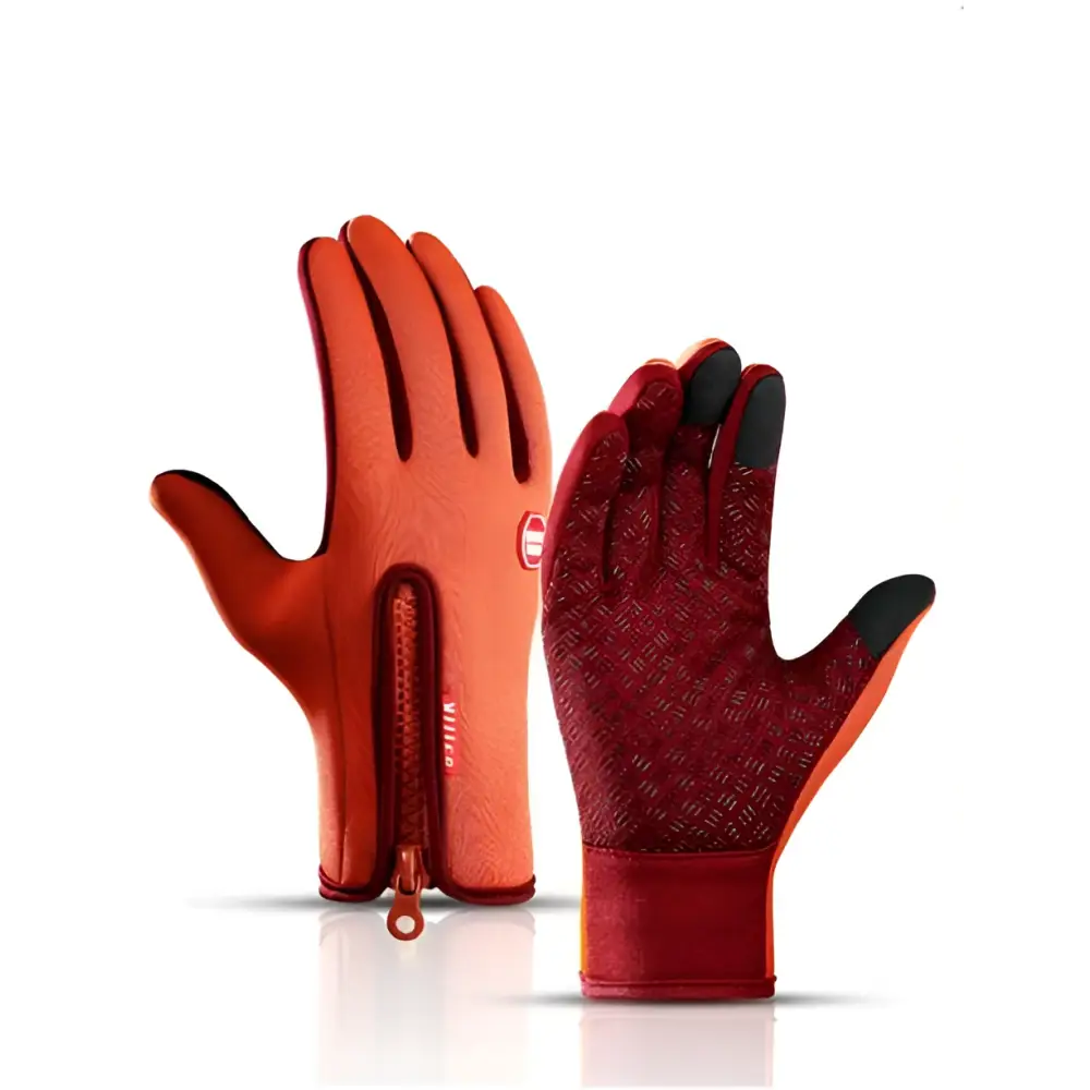 Heated winter gloves with flame design in orange and red featuring black touchscreen fingertips and zipper closure on back side