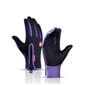 Purple and black heated winter gloves with flame design and textured palm grip for screen riding use