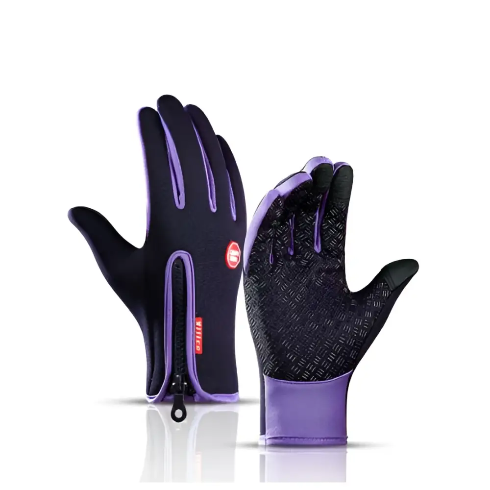Purple and black heated winter gloves with flame design and textured palm grip for screen riding use