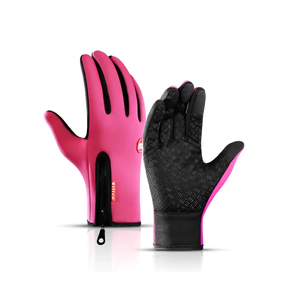 Heated winter gloves with flame design in pink and black textured grip touchscreen compatible riding gloves