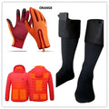 Orange heated winter gloves with flame design and black fingertips paired with matching insulated heated screen riding jacket