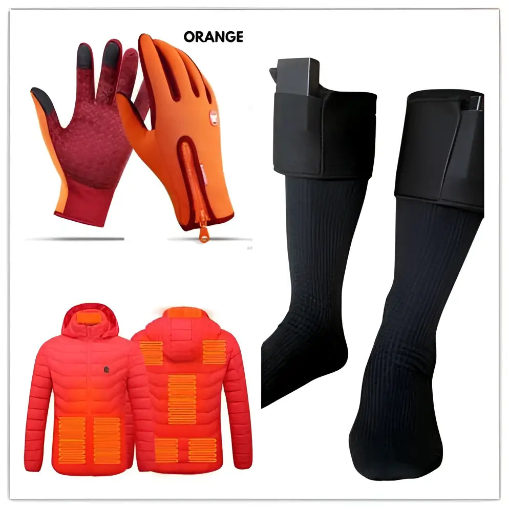 Orange heated winter gloves with flame design and black fingertips paired with matching insulated heated screen riding jacket