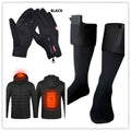 Black heated winter gloves jacket and socks set with flame design for touch screen riding use