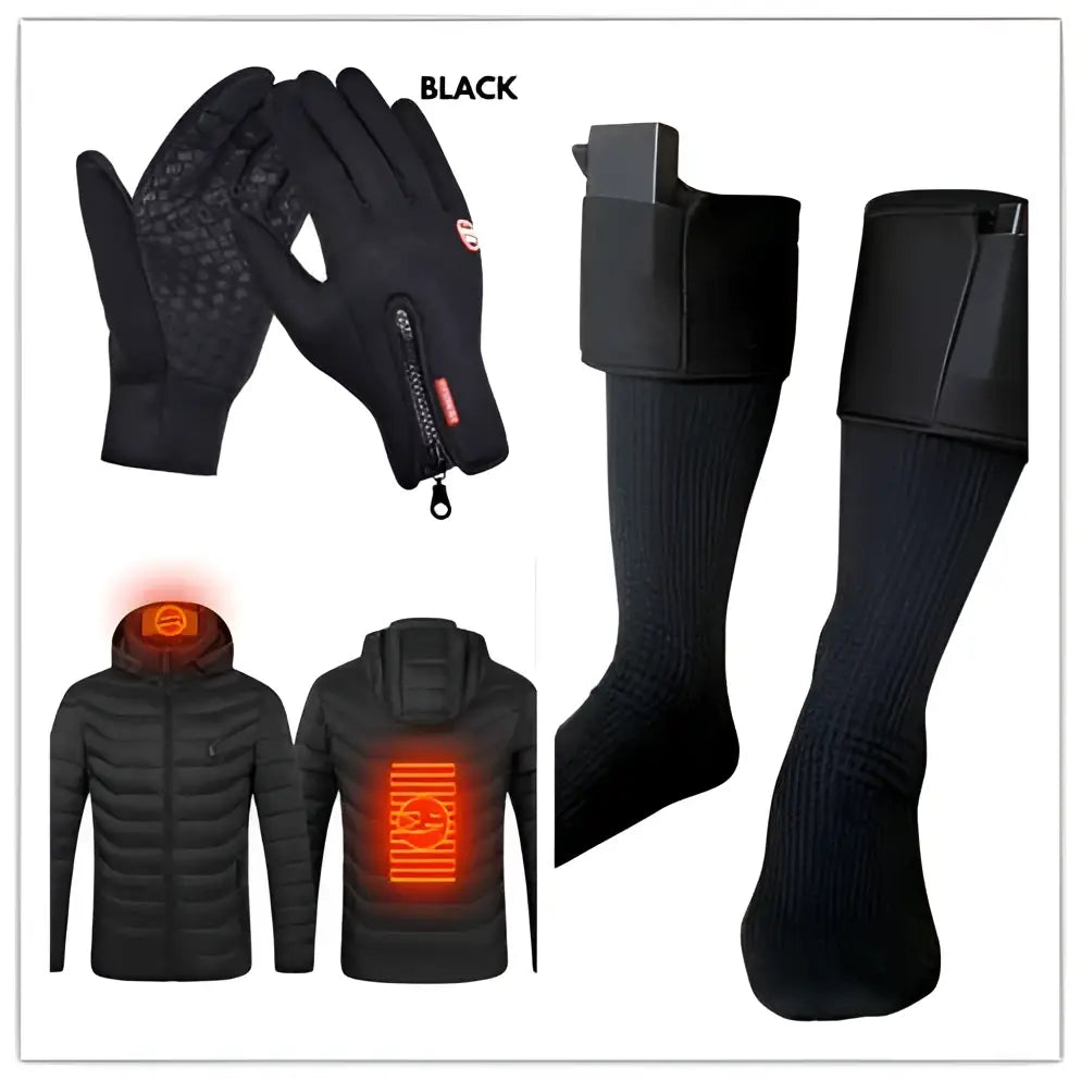 Black heated winter gloves jacket and socks set with flame design for touch screen riding use