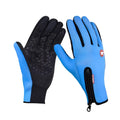 Blue and black heated winter gloves with flame design, touchscreen compatibility, textured grip, and zippered wrist pocket
