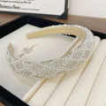Delicate wide headband with light luxury pearl rows and sparkling silver rhinestones for elegant heavy industry light style