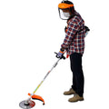 Orange and silver gas-powered brush cutter with circular cutting head for hedge trimmer and plastic pruning tools use